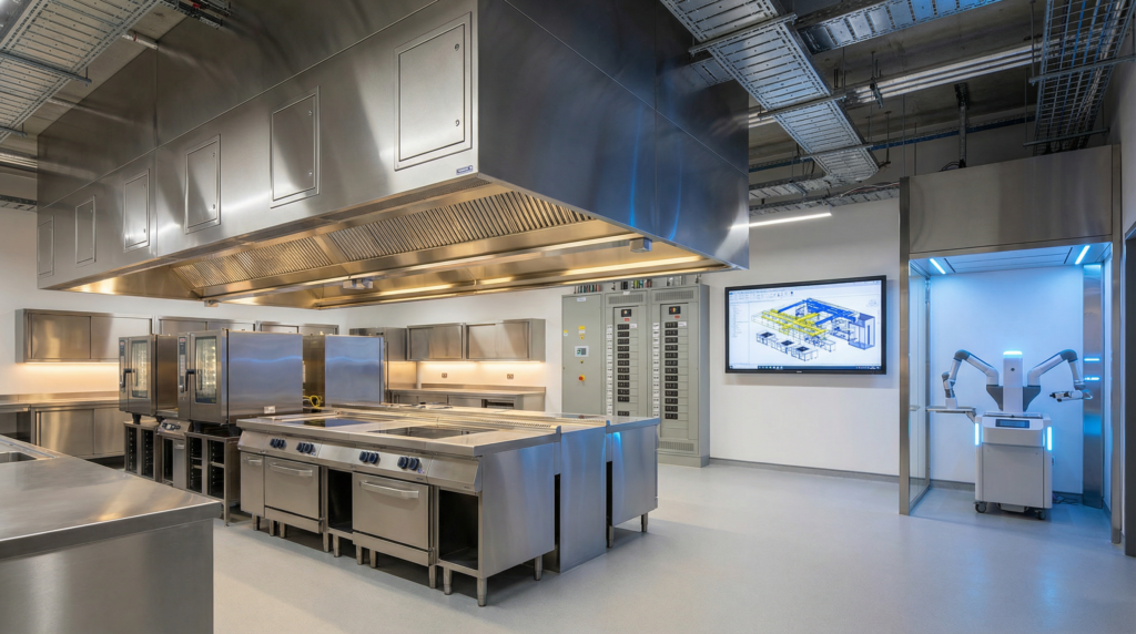 Modern institutional commercial kitchen featuring all-electric equipment, BIM MEP coordination display, NFPA 96-compliant hood access panels, and an integrated robotic meal preparation system.