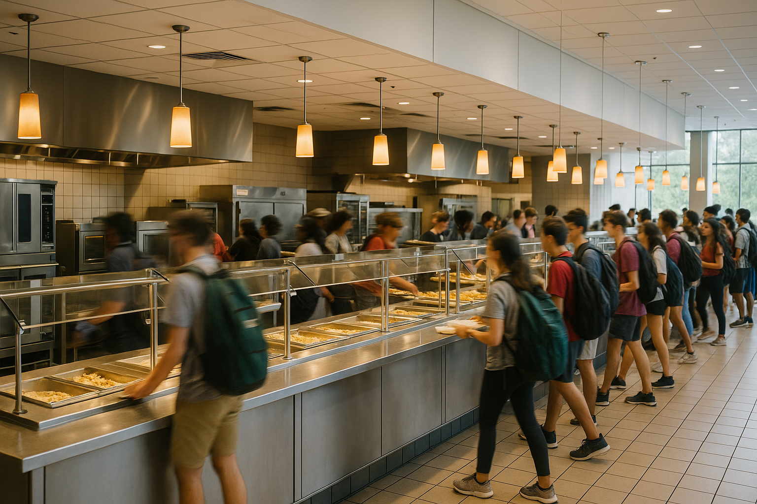 Modern higher education dining facility with active service line and open production kitchen — foodservice design for campus dining