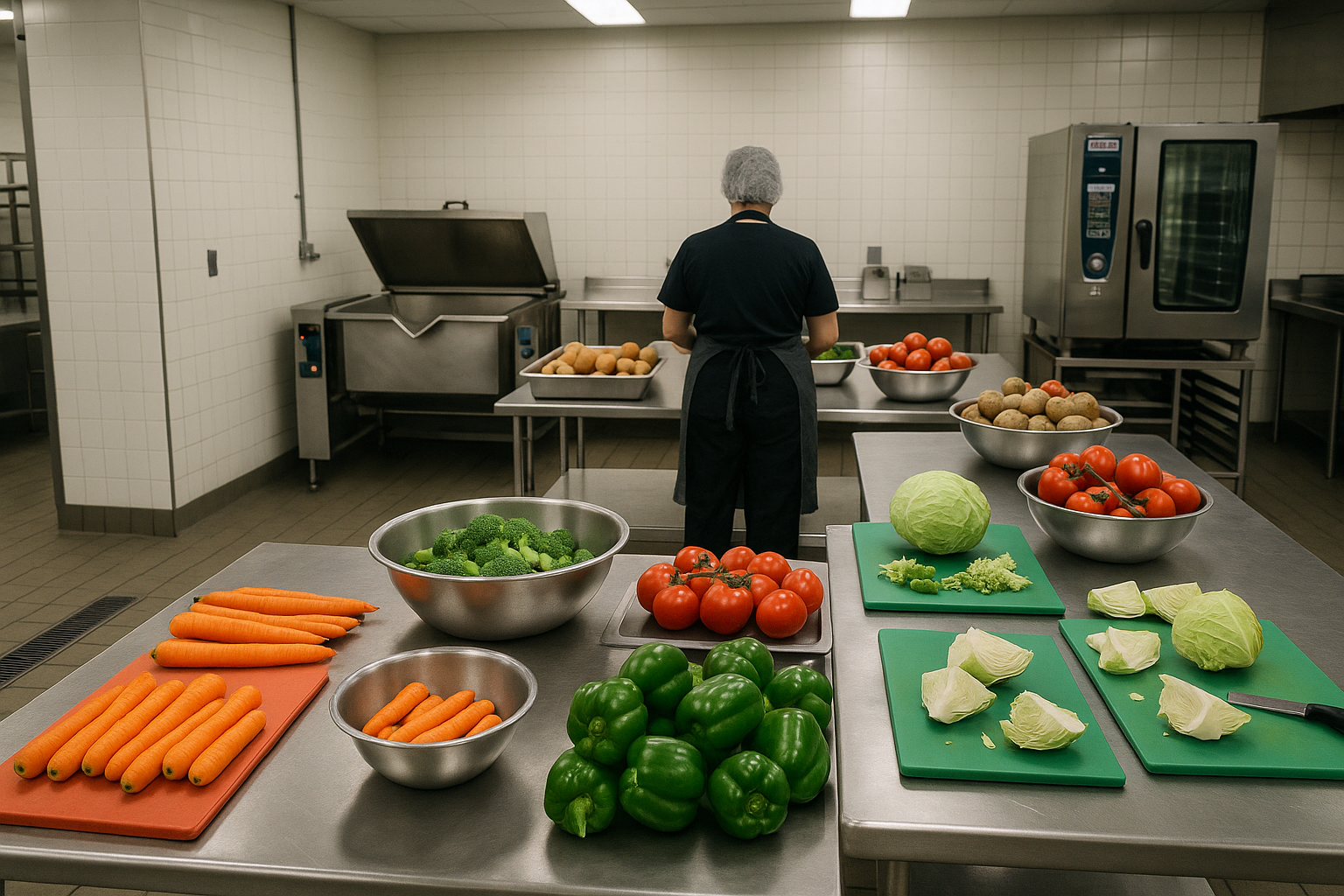 K-12 school production kitchen with scratch cooking prep activity and fresh ingredients — K-12 kitchen design for scratch cooking programs
