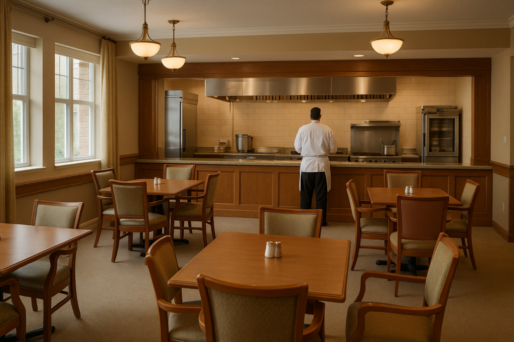 Senior living dining room with warm residential feel and open display kitchen — senior living foodservice design by Foodesign Associates