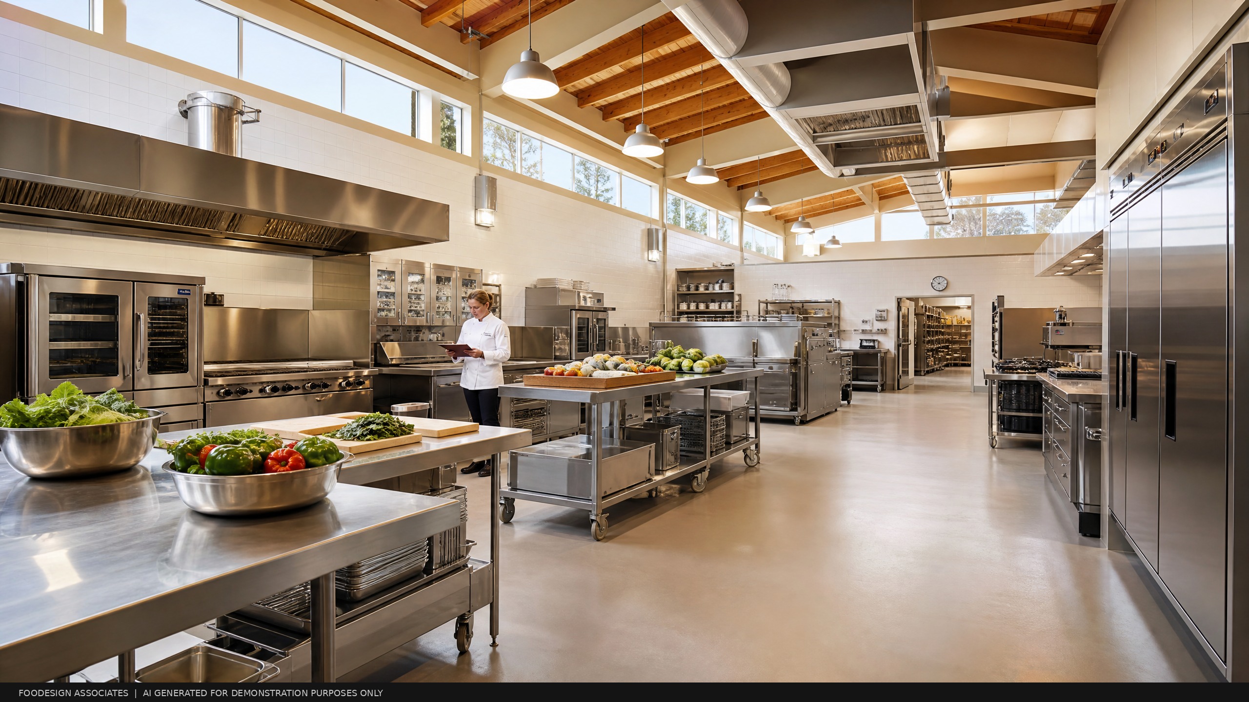 Modern K-12 school commercial kitchen designed for scratch cooking at volume, with open prep layout and stainless steel equipment